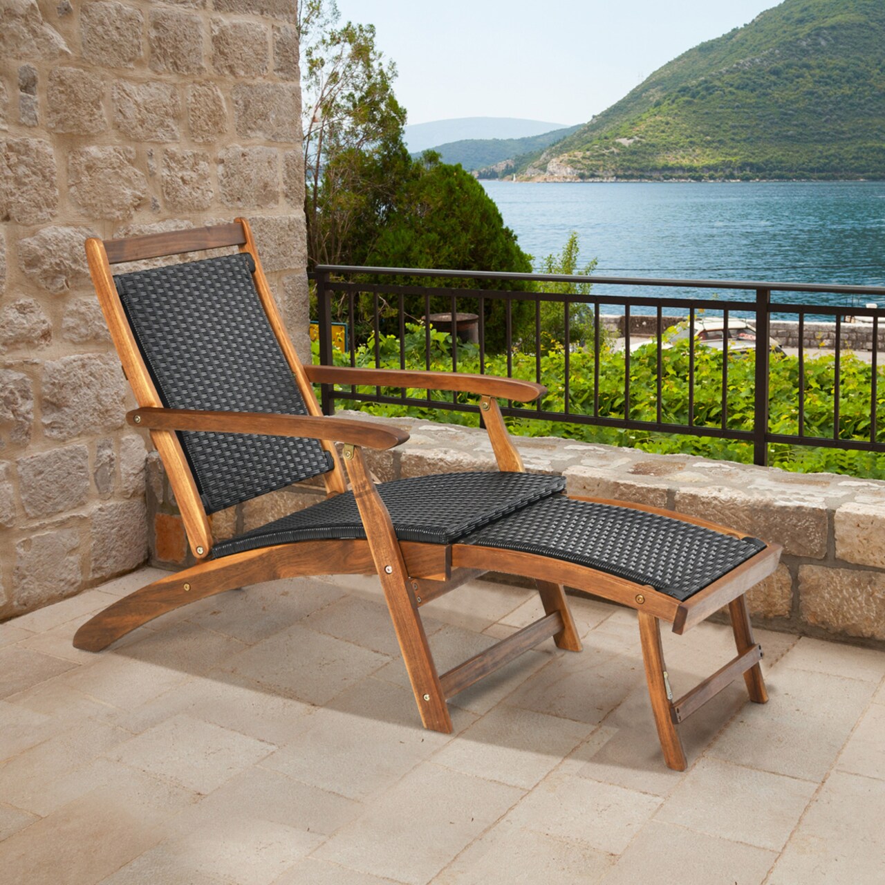 Folding Patio Acacia Wood Deck Chair Rattan Chaise Lounge Chair W/ Footrest